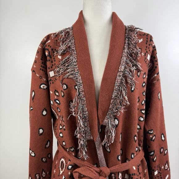 On Twelfth Rust Brown Bandana Print Cardigan XL Fringe Belted Boho Western Wool - Picture 3 of 13
